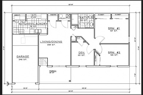Floor plan for 2 beds, 1.5 baths, 1349 sqft